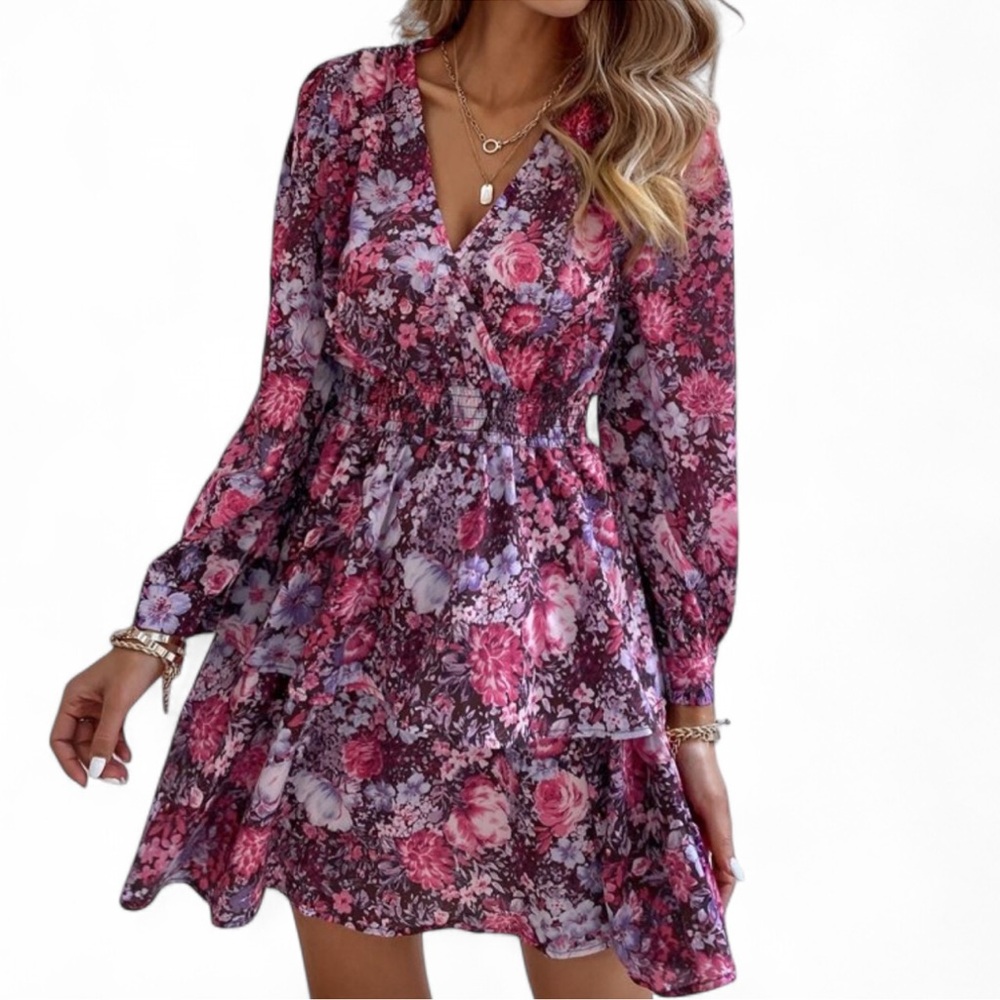 SHEIN Pink and Red Wrap Sundress with Bishop Sleeves